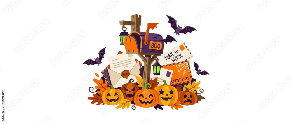 Fototapeta premium Halloween Mailbox Surrounded by Jack-o-lanterns and Bats