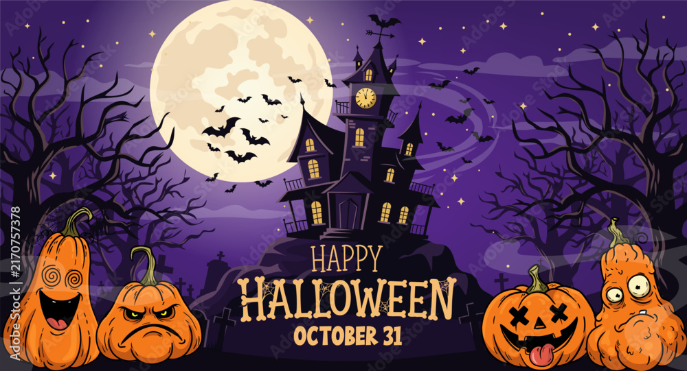Fototapeta premium Happy Halloween banner with haunted house, moon and funny pumpkins