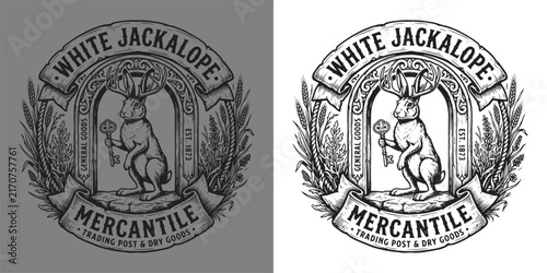Canvastavla Vintage Mercantile White Jackalope with General Goods and Trading Post Dry Goods