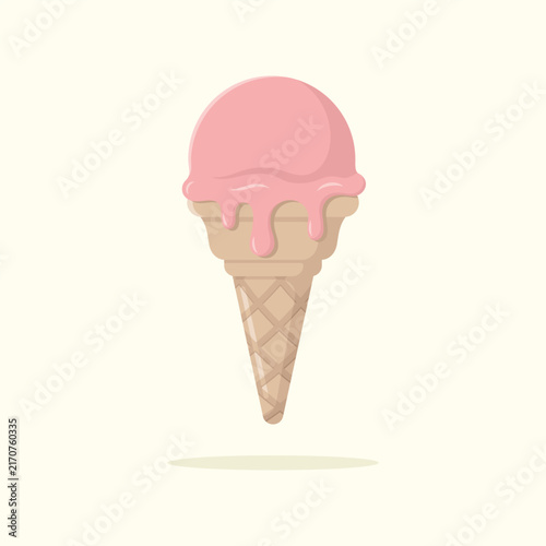 Delicious strawberry ice cream in waffle cone. Summer dessert vector illustration.
