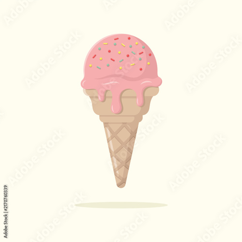 Delicious strawberry ice cream in waffle cone with sprinkles. Summer dessert vector illustration.