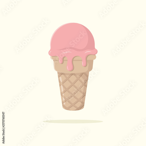 Delicious strawberry ice cream in waffle cone. Summer dessert vector illustration.