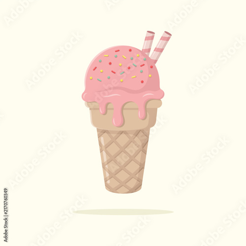 Delicious strawberry ice cream in waffle cone with sprinkles and wafer rolls. Summer dessert vector illustration.