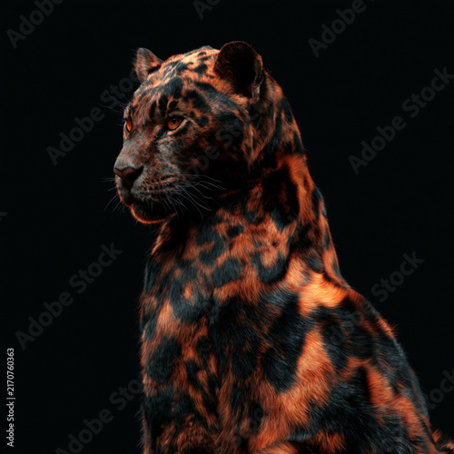 Dramatic portrait of a jaguar with fiery orange and black fur patterns on dark backgroun