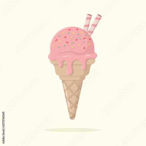 Delicious strawberry ice cream in waffle cone with sprinkles and wafer rolls. Summer dessert vector illustration.