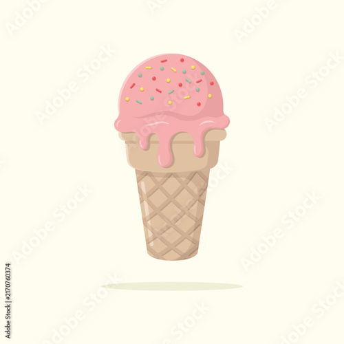 Delicious strawberry ice cream in waffle cone with sprinkles. Summer dessert vector illustration.