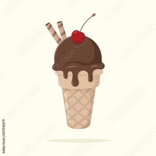 Delicious chocolate ice cream in waffle cone with cherry and wafer rolls. Summer dessert vector illustration.