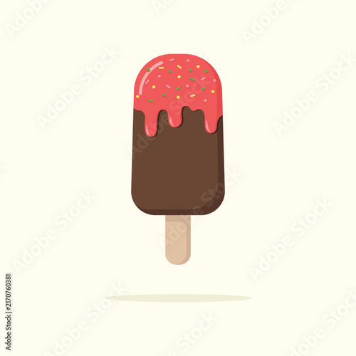 Delicious chocolate popsicle ice cream with strawberry icing and sprinkles dripping. Summer dessert vector illustration.