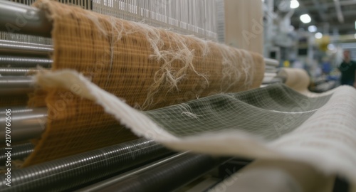 Circular Textile Production: Recycled fabric moving through an eco-friendly textile manufacturing process 