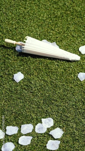Stylish white vintage umbrellas provide shade from the hot, bright sun on a sunny summer day. Wedding ceremony for the bride and groom.