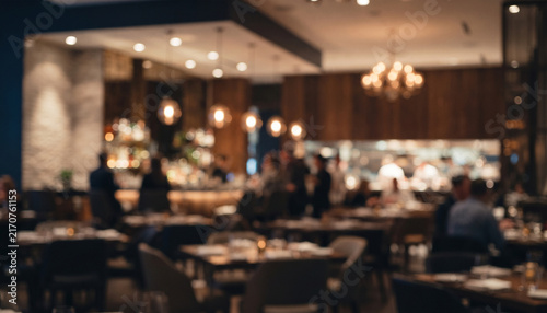Fully blurred modern restaurant interior with warm lighting, elegant dining atmosphere, soft bokeh, and subtle reflections, perfect for food marketing, hospitality branding, menus, and advertising