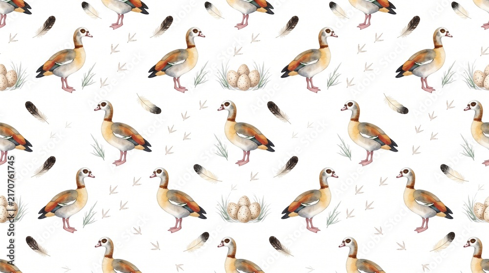 Fototapeta premium Cute children's pattern. watercolor farm pattern. cute animal pattern. watercolor pattern with domestic animals. autumn background with geese. watercolor animal print with geese. 