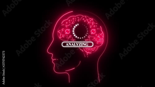 Neon brain silhouette with analyze button glowing inside