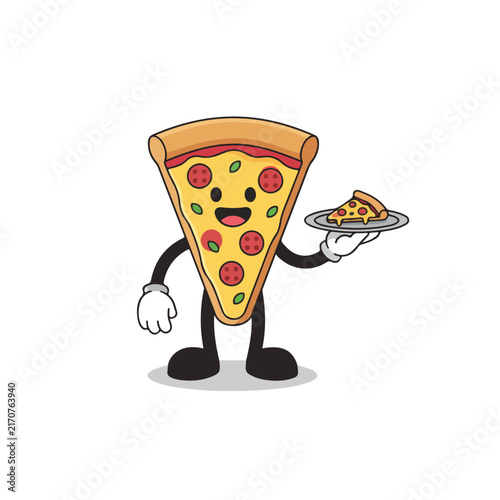 A cute cartoon pizza character holding a small pizza slice on a tray, presented as a cheerful fast food mascot illustration.
