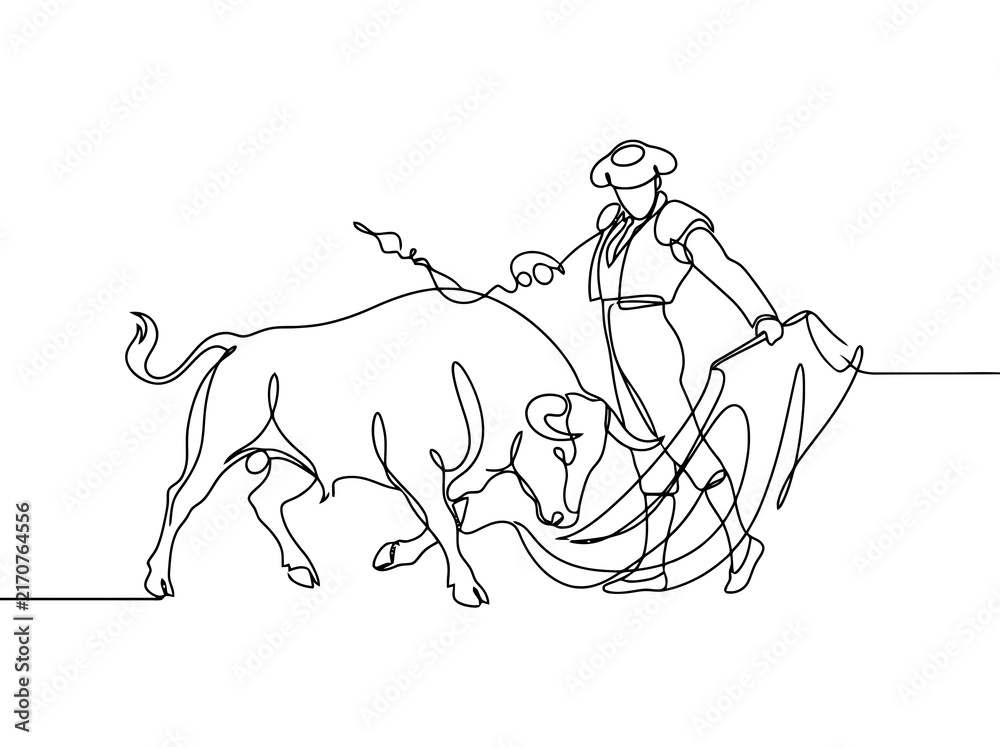 Obraz premium Matador with bull in single line drawing style showing tradition and action with a dramatic mood