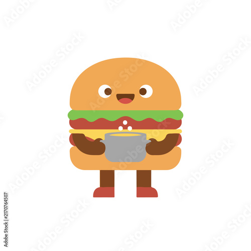 An adorable cartoon hamburger character with a happy face holding a hot pot of fresh soup on a white background.
