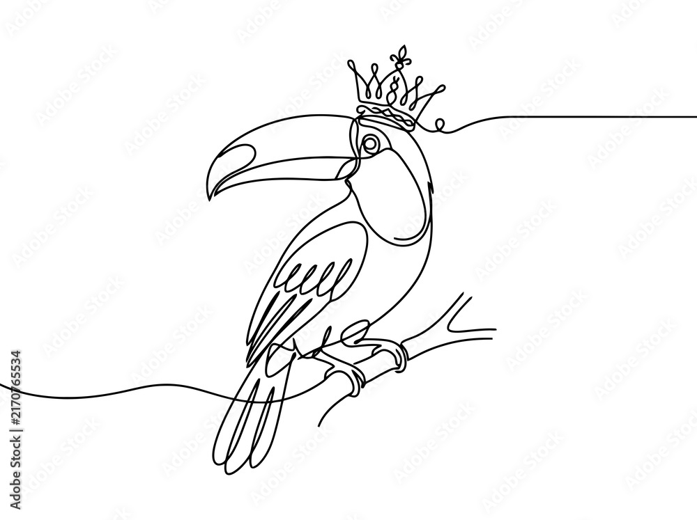 Fototapeta premium A single line drawing of a toucan wearing a crown perched on a branch with a regal mood