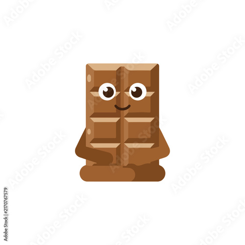 An illustration features a cute cartoon chocolate bar character with big friendly eyes and a happy smile on a plain background.
