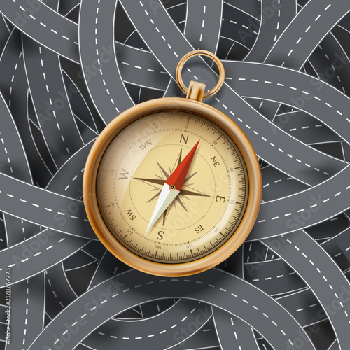 Navigation compass against the background of intertwined many roads. Vector illustration