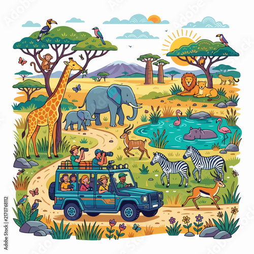 Cartoon blue truck driving through whimsical garden landscape.