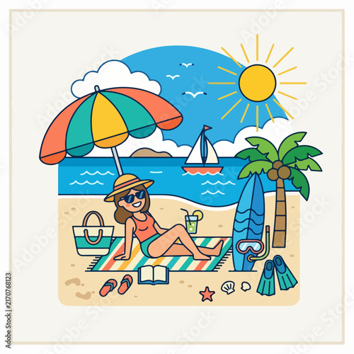 Cartoon boy flying colorful kite in tropical paradise.
