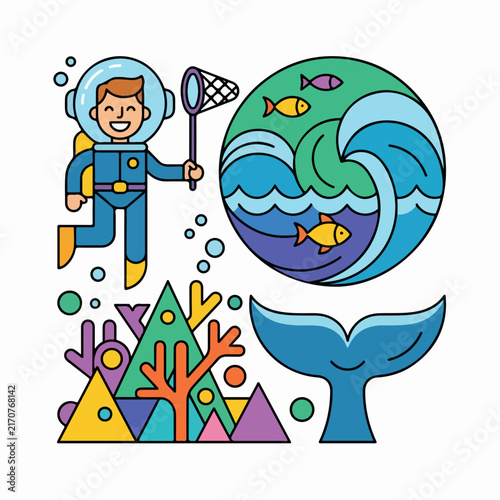 Cartoon boy holding a magic wand and bubble wand with fish.