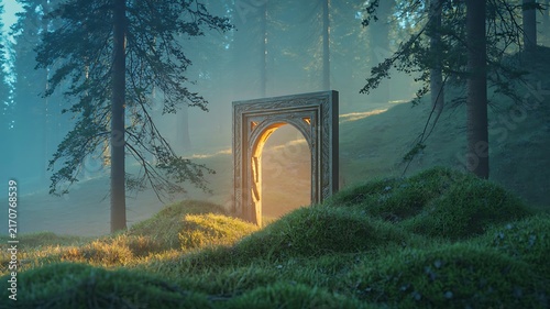 Mystical glowing portal in enchanted forest with magical doorway and dreamy landscape