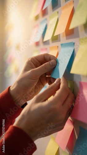 Hands Placing Colorful Sticky Note on a Wall Full of Brainstorming Ideas