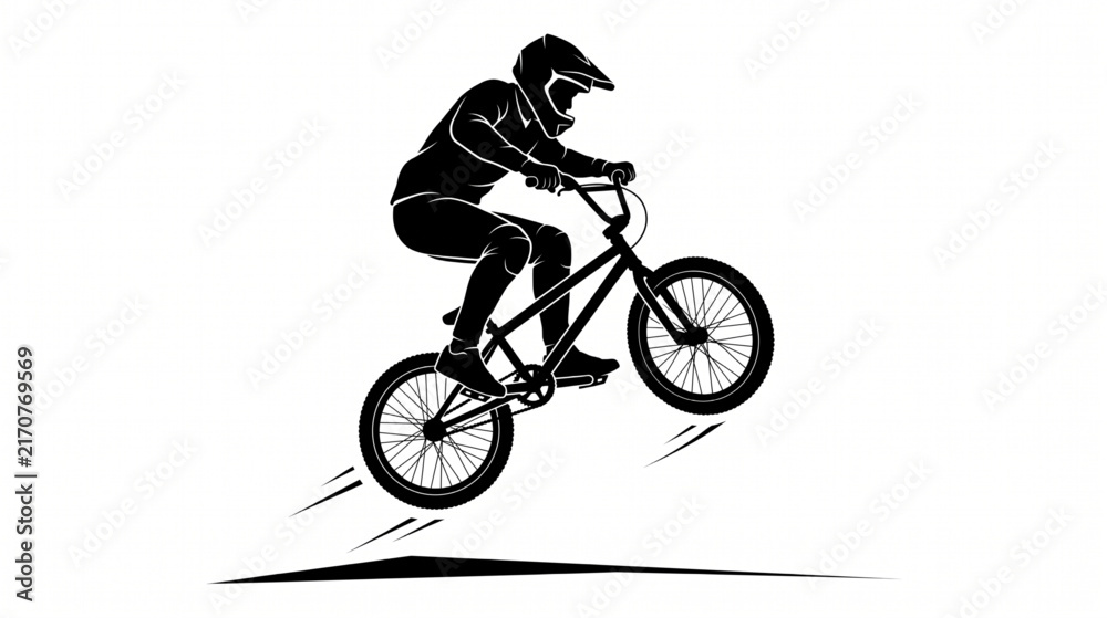 Fototapeta premium Black silhouette of a BMX bike rider performing a jump trick