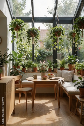 Bright Sunroom Interior with Abundant Houseplants and Natural Light