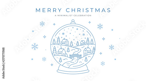 Minimalist christmas snow globe village winter illustration with snowflakes