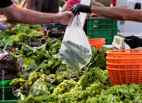 Seller handing fresh zucchini in plastic bag at market