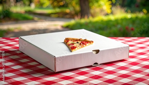 Single slice of margherita pizza on top of a closed white cardboard delivery box placed on a red checkered tablecloth outdoor