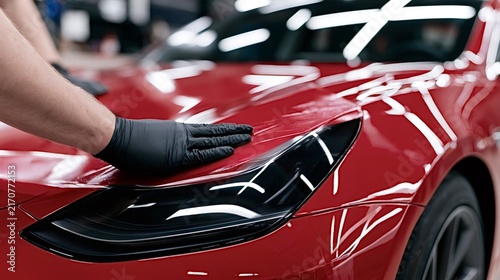 Professional car detailer applying a clear protective film on the red paintwork of a luxury vehicle, ensuring long lasting surface protection and a flawless finish