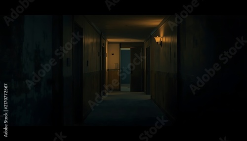 Empty Night Hallway with Warm Lamp, Open Doorway and Dramatic Shadows