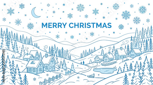 Winter village scene with christmas greeting with covered landscape