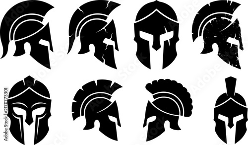 Spartan helmet silhouette collection, 8 ancient Greek warrior head icons, distressed gladiator armor vector set for sports mascots and logos