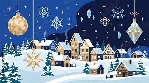 Snowy village decorated with hanging ornaments under starry winter sky