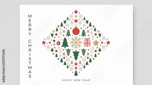 Colorful holiday greeting card with festive icons with arranged geometric