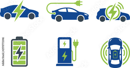 Electric car symbols and emblems, eco-friendly vehicle icons, green energy transport pictograms, plug-in stationary charging stations, lithium battery indicators, vector set