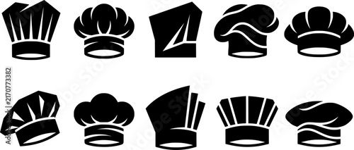 Chef hat icon set with 10 black vector silhouettes. Professional cook headwear collection for restaurant branding and kitchen logo design.