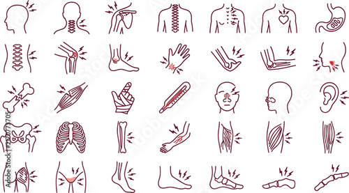 Medical Pain Symptoms and Body Injury Icon Set with Muscle Ache Bone Fracture Fever and Joint Inflammation Outline Symbols for Healthcare Infographics