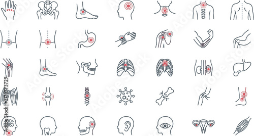 Human Body Pain and Injury Icon Set with Joint Inflammation Ache and Bone Fracture Line Symbols for Medical Diagnostics Healthcare Apps and Infographics