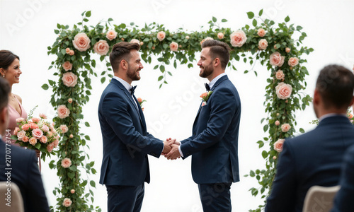 Grooms wedding ceremony two men holding hands under floral archway celebrate love and commitment in an elegant outdoor setting