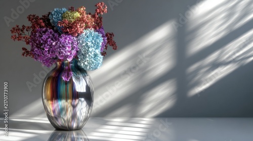 elegant metallic vase with purple flowers in warm natural sunlight