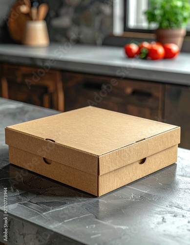 Closed brown cardboard pizza box on a dark marble kitchen counter, takeaway packaging, fast food delivery