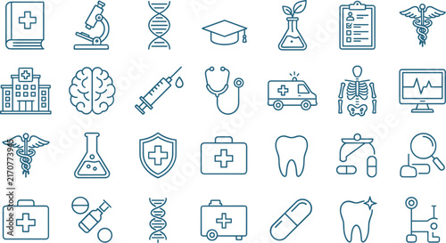 Medical and Healthcare Line Icon Set Featuring Hospital Building Caduceus Stethoscope Ambulance Microscope DNA Helix Brain Tooth and Clinical Research Outline Symbols