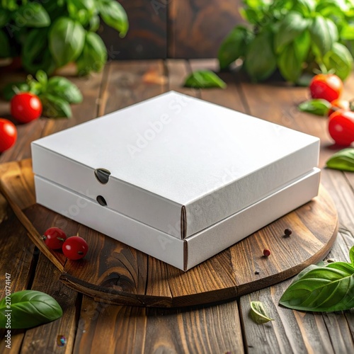 stack of blank white pizza boxes on a wooden table with fresh basil and cherry tomatoes, food delivery service and catering packaging