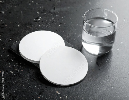 Two round blank white coasters on black stone surface beside a glass of water, beverage service mockup, hospitality branding template