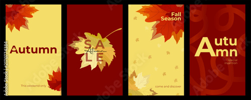 Autumn seasonal sale social media story templates with falling maple leaves on red and yellow background design layout. set of four promotional content